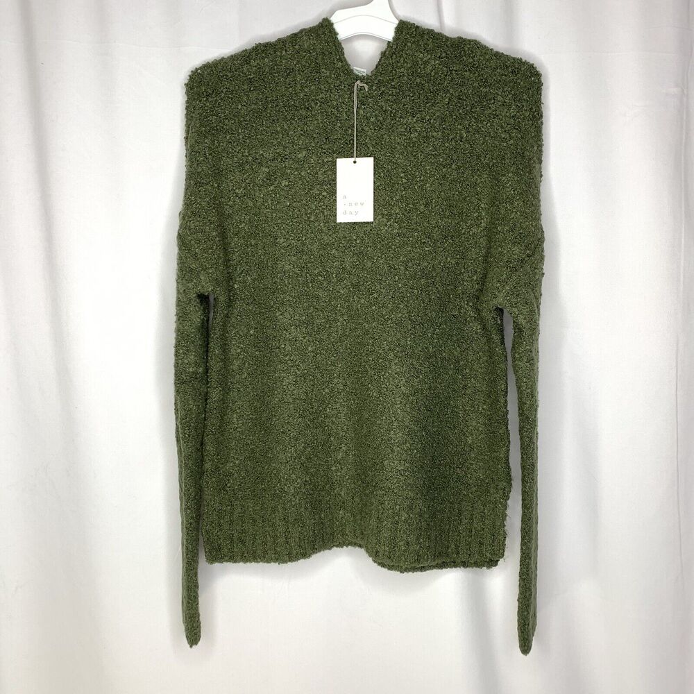 A New Day Womens Hooded Sweater Size XS Wool Blend Heather Olive Green - Picture 1 of 9